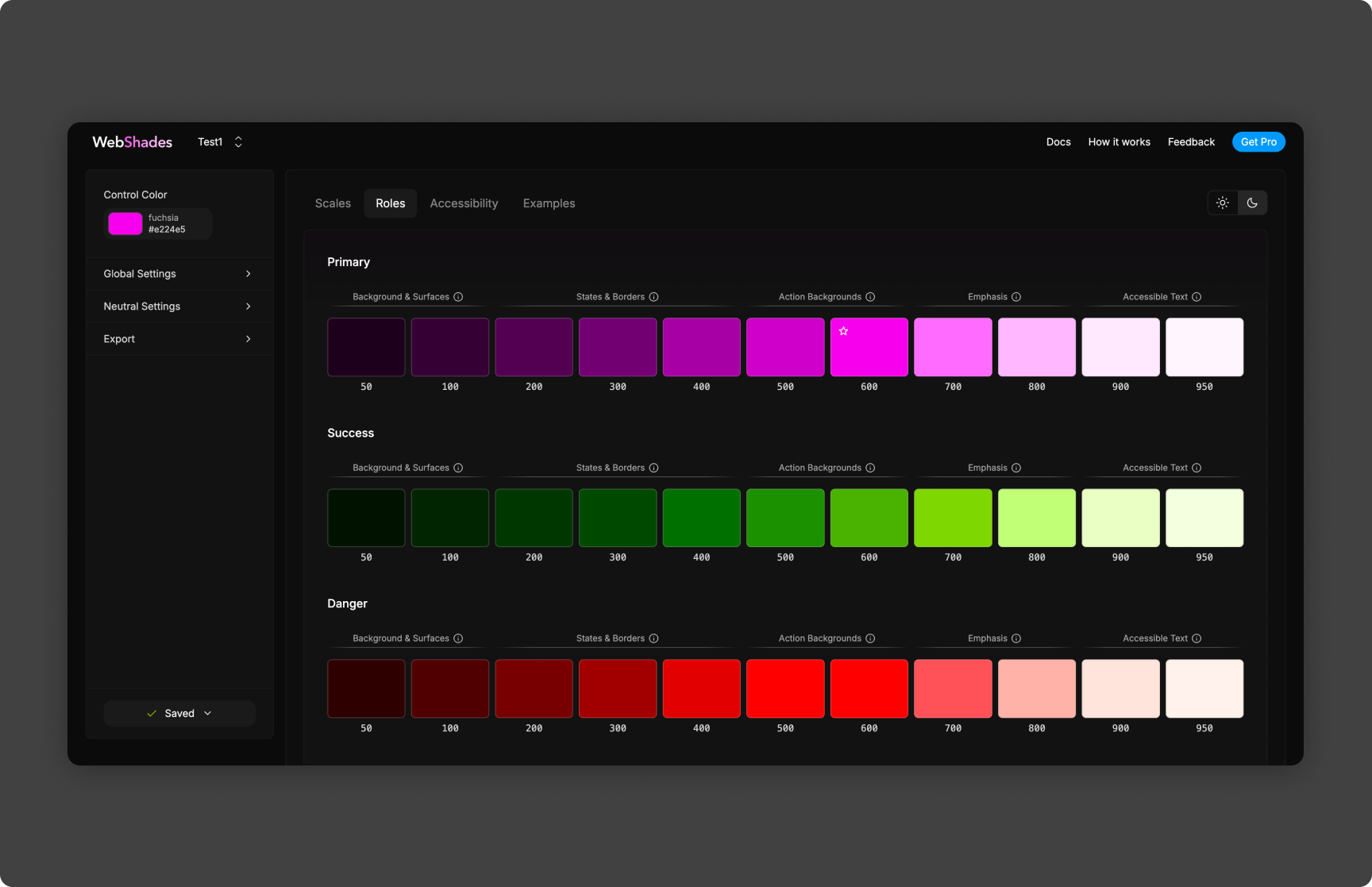WebShades live preview: generated palette applied to real UI components as the base color changes.